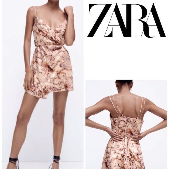 NEW ZARA SATIN EFFECT PRINT DRESS MINI V NECK‎ ASYM - Picture 1 of 9